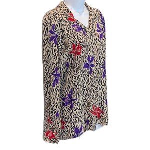 VTG Woman's VP Collection Black Tan Floral 100% Silk Long Slv Blouse Top Sz 12